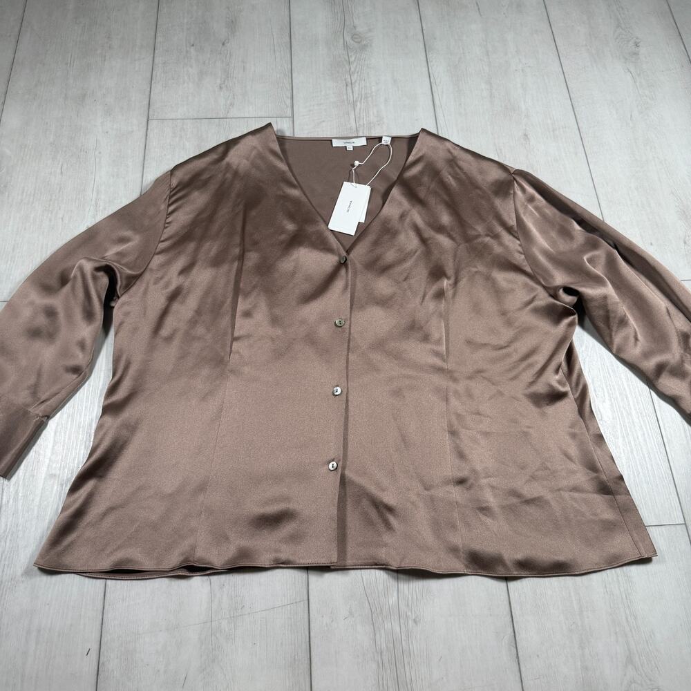 Vince Women's XXL Silk Button-up Blouse Tan Beige Minimalist Chic